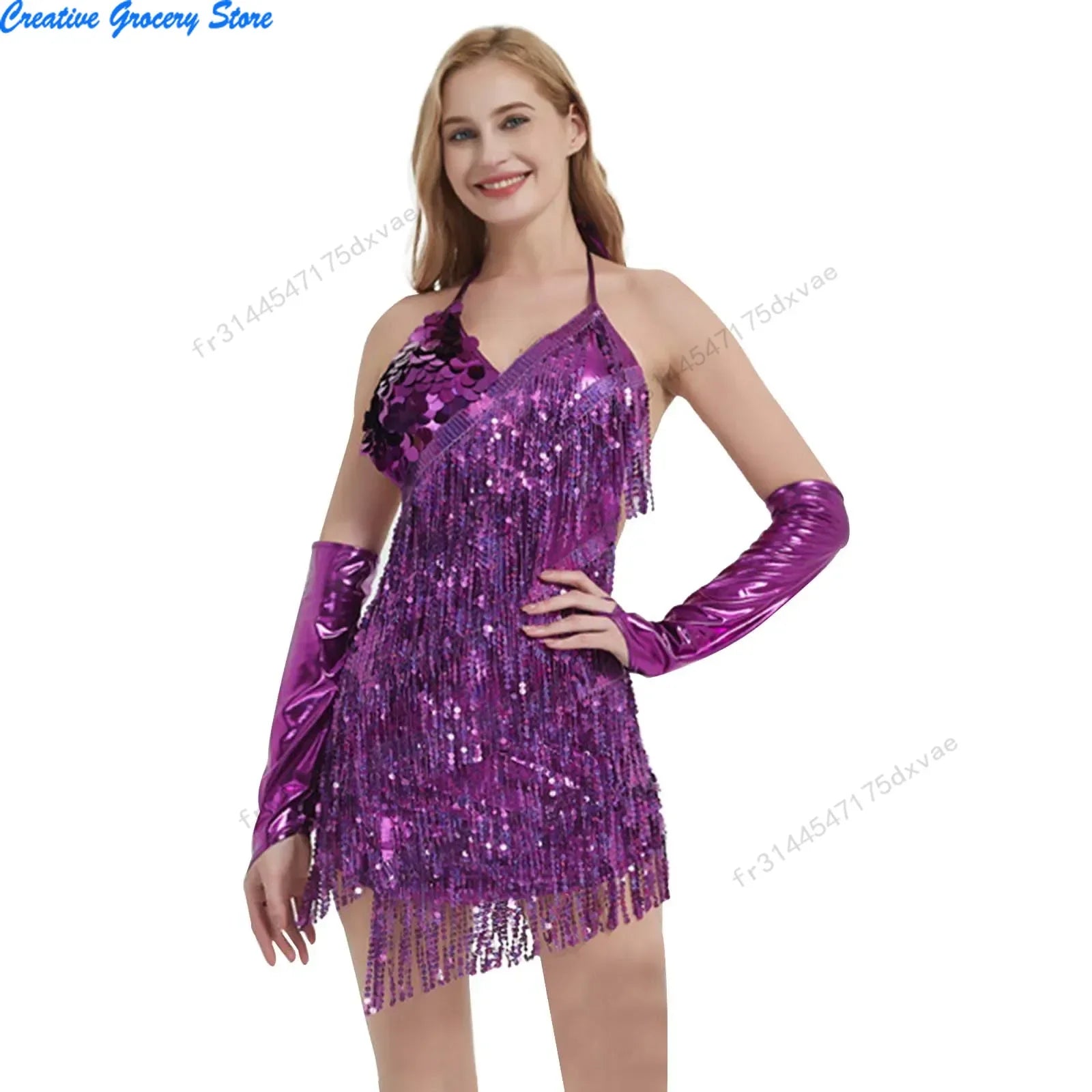 Robe courte à paillettes et pompons pour femmes