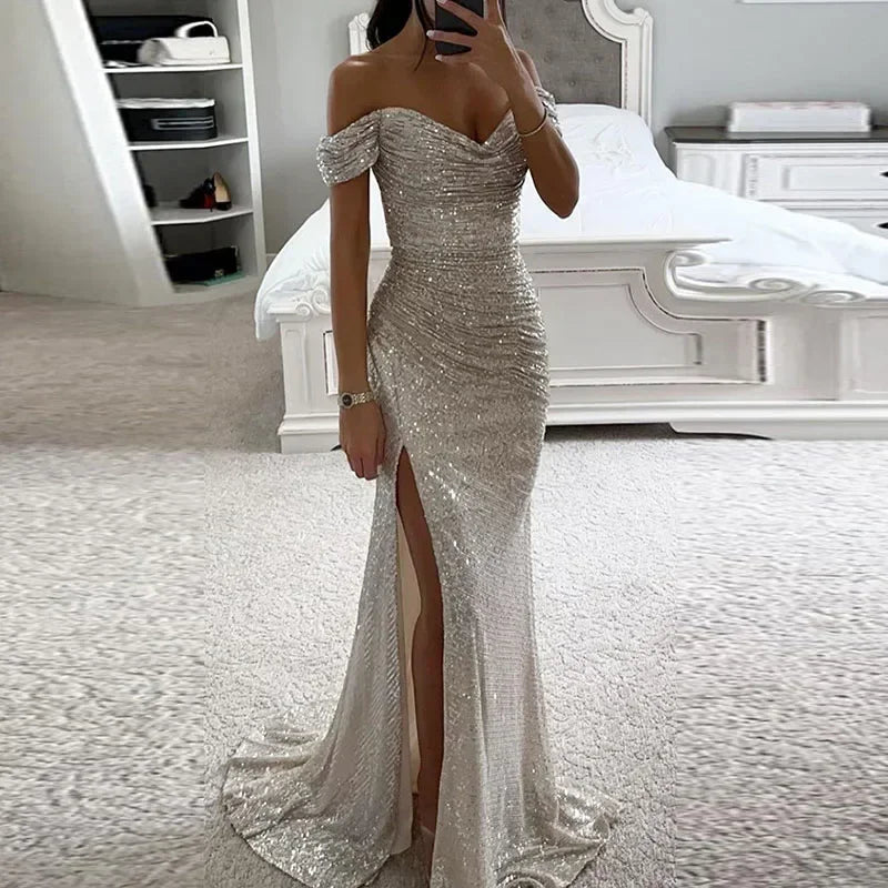Robe de soirée longue fendue à col bateau