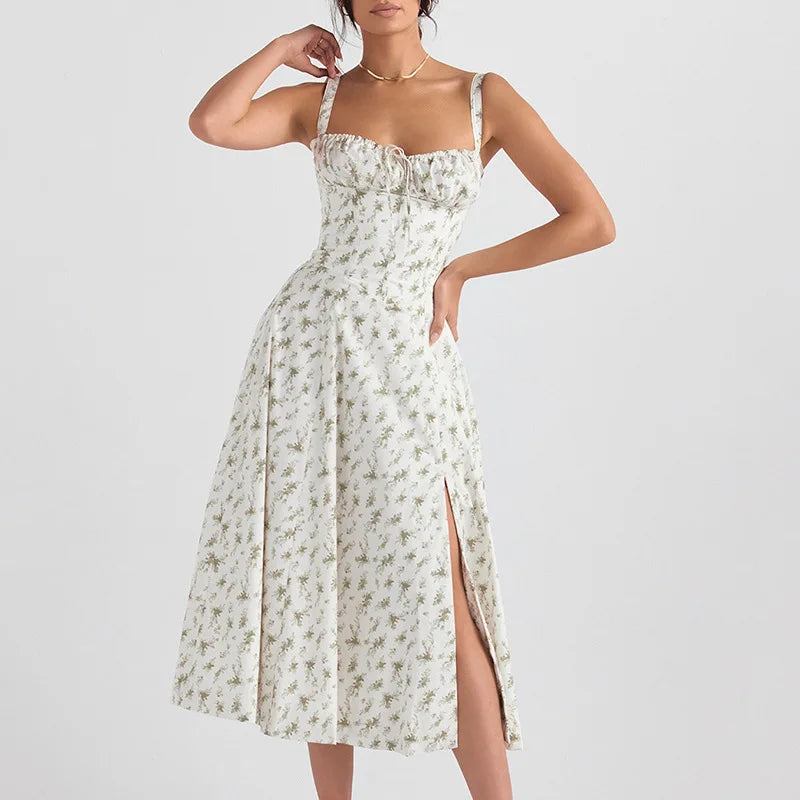 Robe d'été pour femmes,  à bretelles et fente haute