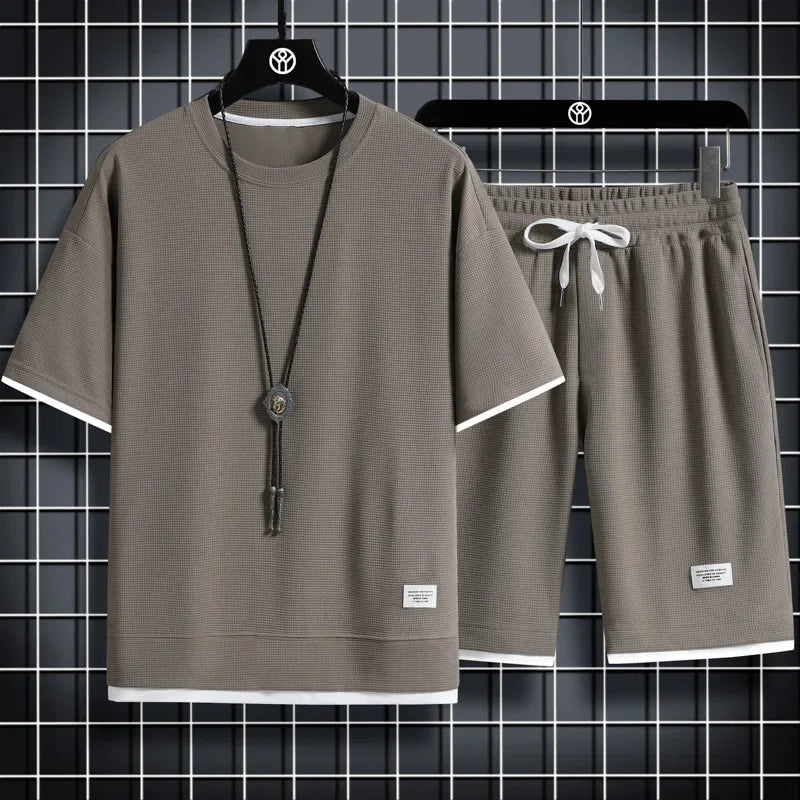 Ensemble gaufré d'été pour homme, t-shirt et short