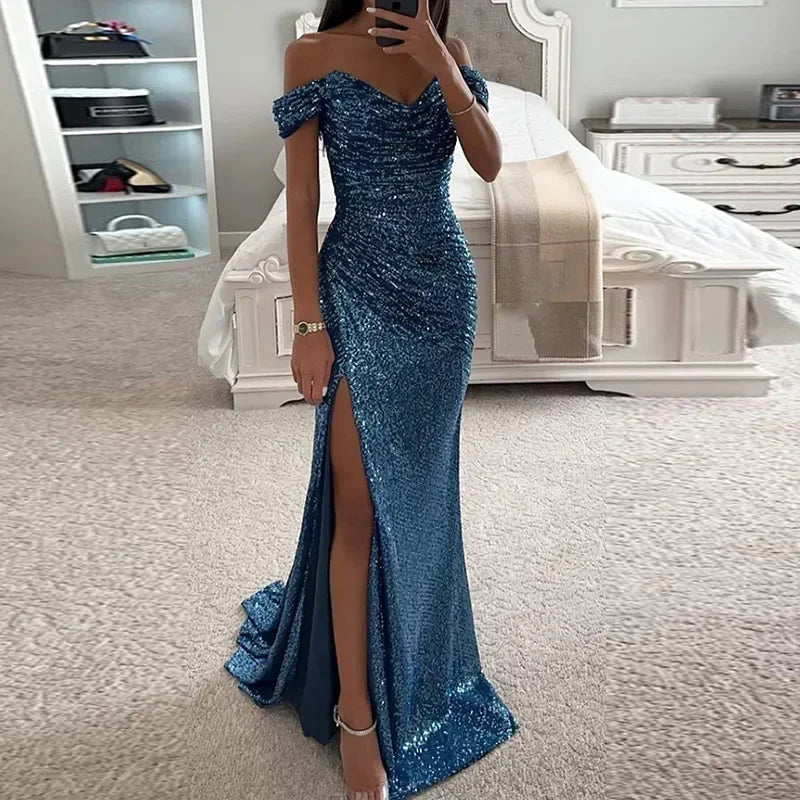 Robe de soirée longue fendue à col bateau