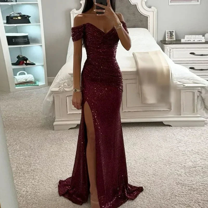 Robe de soirée longue fendue à col bateau