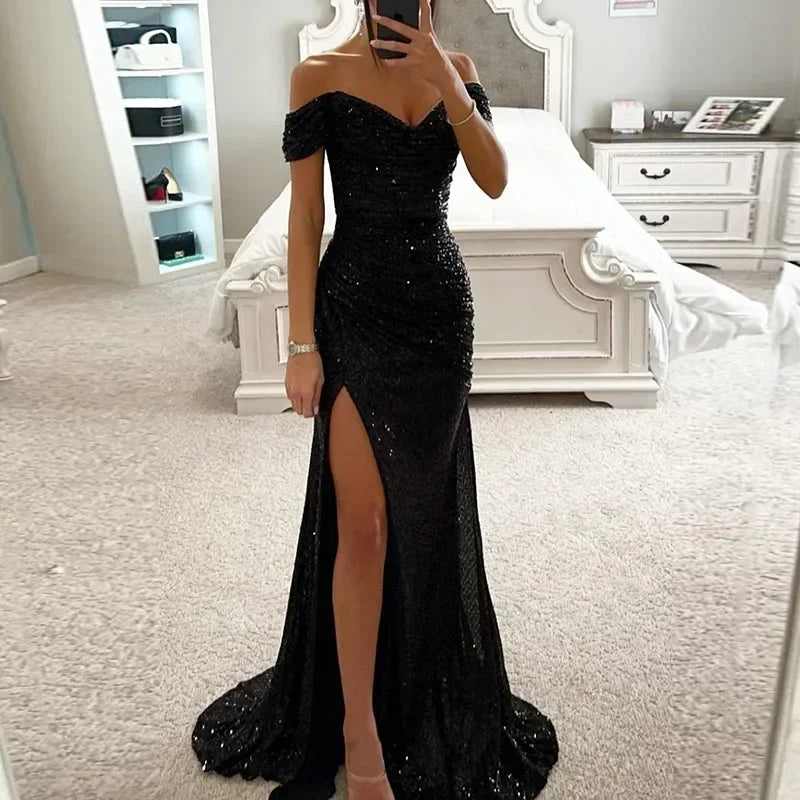 Robe de soirée longue fendue à col bateau