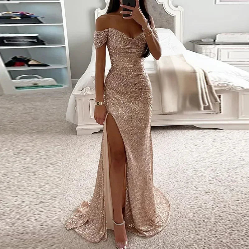 Robe de soirée longue fendue à col bateau