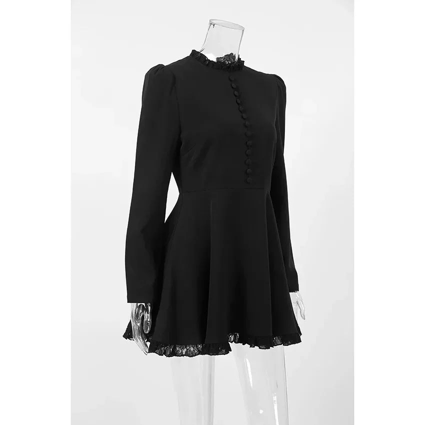 Robe mini noire chic à col rond et manches longues