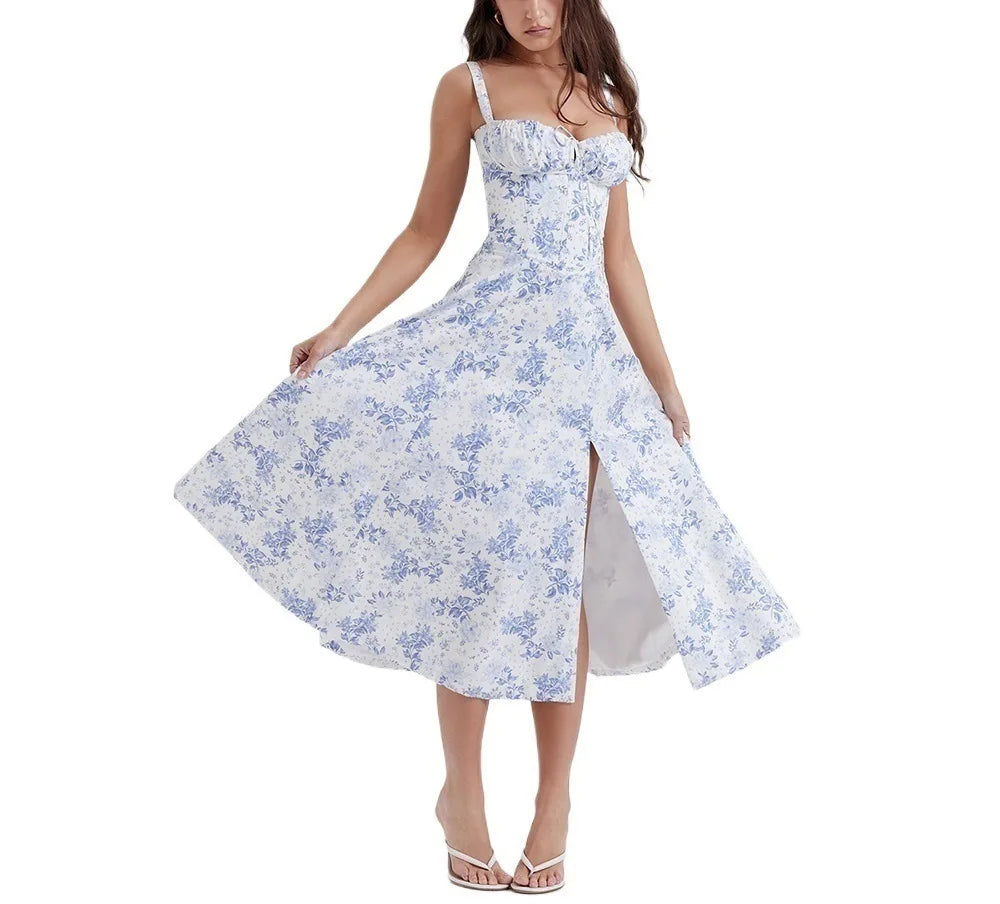 Robe d'été pour femmes,  à bretelles et fente haute