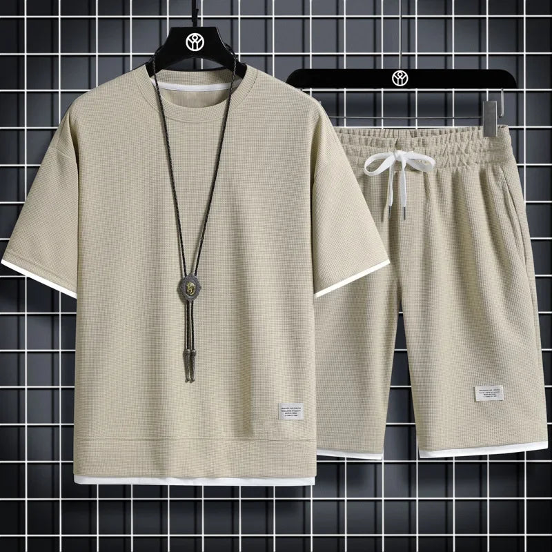 Ensemble gaufré d'été pour homme, t-shirt et short