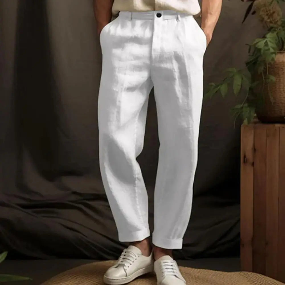Pantalon décontracté en lin de couleur pure pour homme
